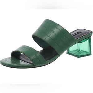 French Connection Green Two-Band Slide with Transparent Green Block Heel